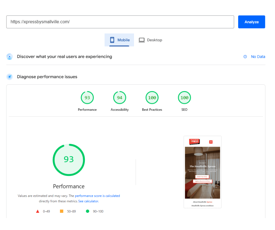 Client website performance test showing optimized Largest Contentful Paint and First Contentful Paint